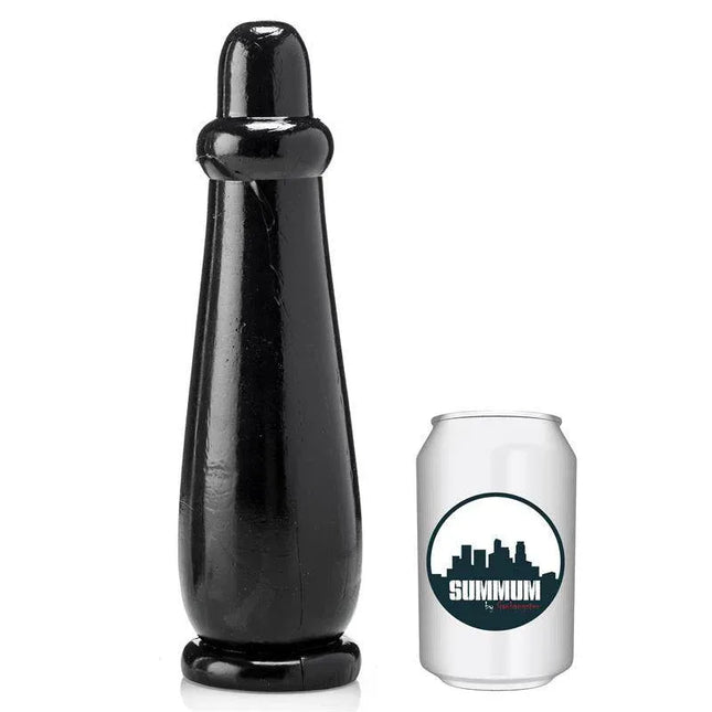 Dildo Una Sola 26 cm black vinyl dildo next to soda can for size comparison