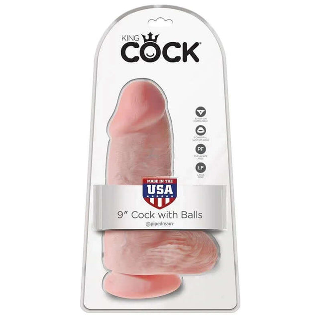 King Cock Dildo with Ball Chubby 9 in packaging, lifelike texture, realistic design, premium sex toy made in the USA for versatile pleasure.