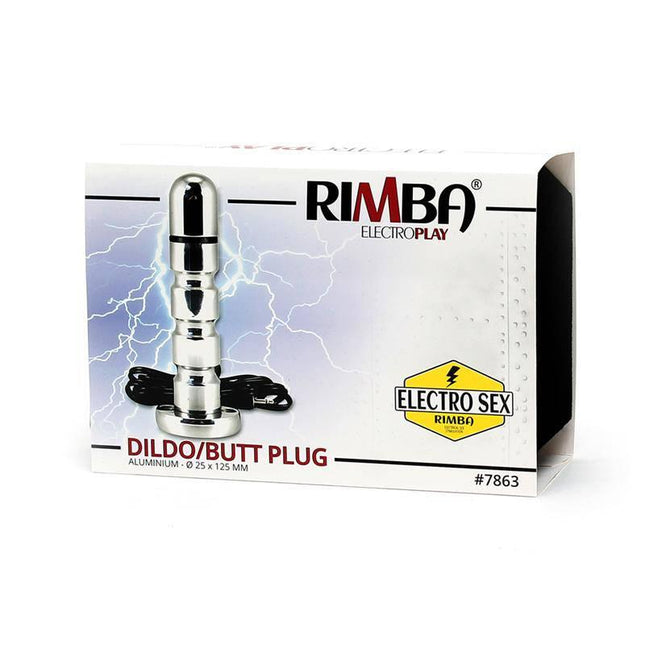 Packaging of Rimba ElectroPlay Dildo/Butt Plug, a versatile pleasure device with electrostimulation and a conductive design.