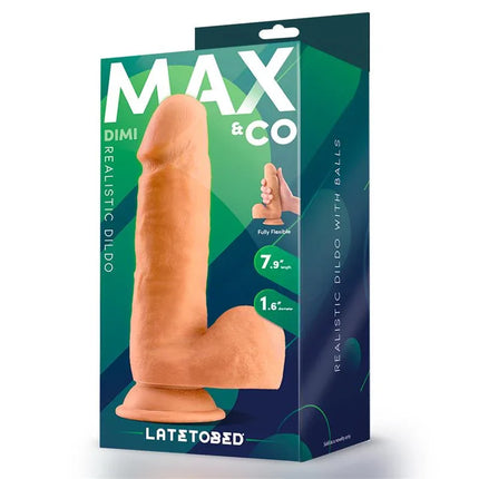 Packaging of Dimi Realistic Dildo with Testicles 7.9 Flesh by Max & Co, highlighting lifelike design and measurements.