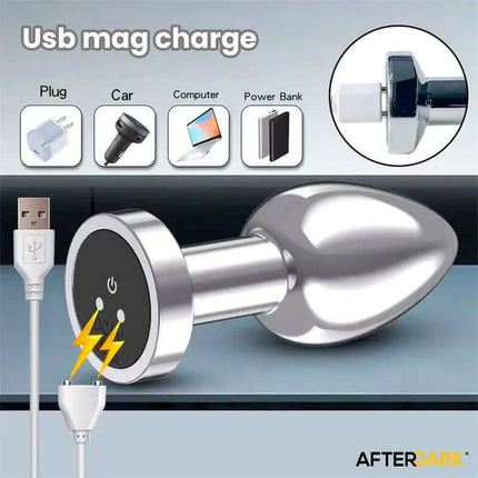 Dimpor Chrome Anal Plug with Vibration and Magnetic USB Size M with charging cable and connection options shown.