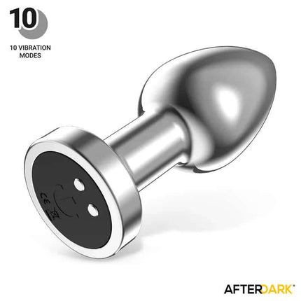 Dimpor Chrome Anal Plug with Vibration and Magnetic USB Size M featuring 10 vibration modes and premium chrome finish.
