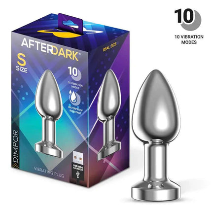 Dimpor Chrome Anal Plug with Vibration and Magnetic USB Size S packaging and product display
