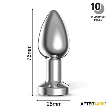 Dimpor Chrome Anal Plug with Vibration and Magnetic USB Size S, showing dimensions and 10 vibration modes
