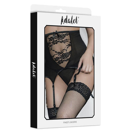 Dina Wide garter and Thong Set in package, showcasing floral mesh design from Adalet.
