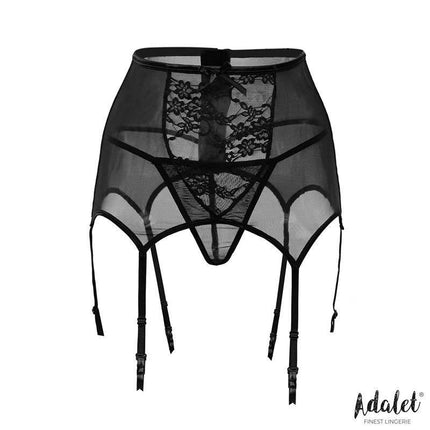 Dina Wide garter and Thong Set with floral mesh and matte black side panels from Adalet