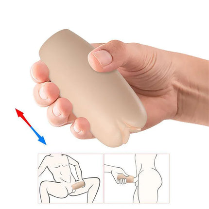 Hand holding Discreet Egg Masturbator with Incredible Textures, featuring illustrations of usage for private pleasure sessions.