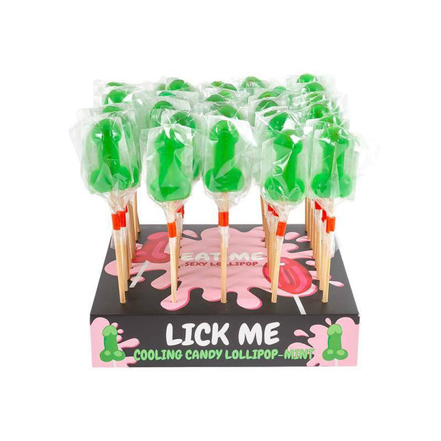 Display Mint Lollipops Cooling Effect 40 Pcs. on a colorful stand, showcasing vibrant green candy with cooling mint flavor.