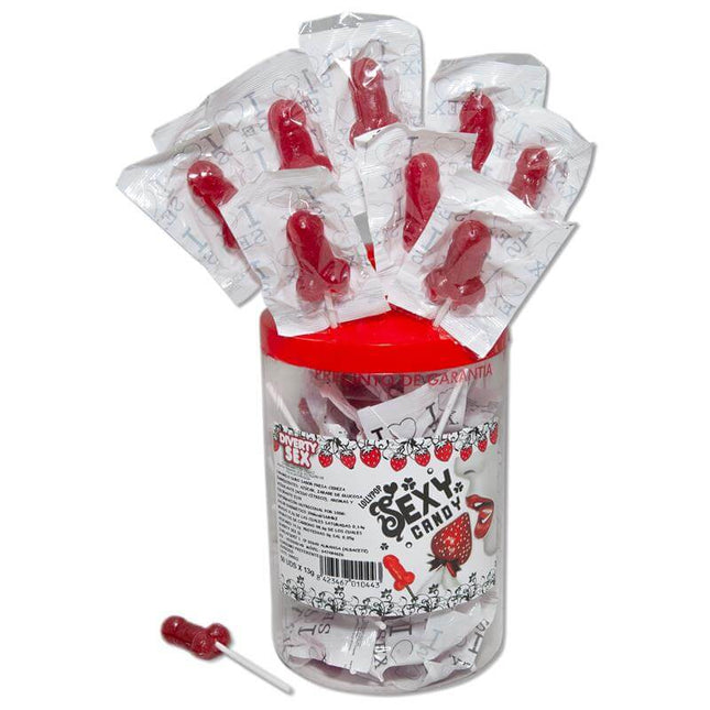Display with 50 Penis Lollipops Strawberry with Cherry Flavor in jar