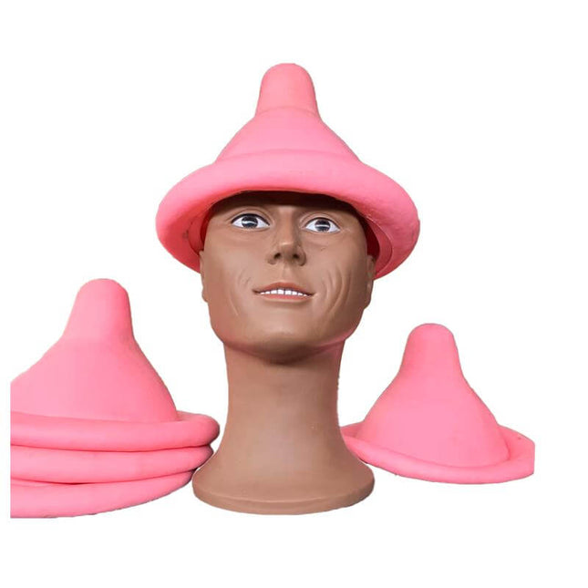 Pink condom-shaped hat on mannequin head, perfect for fun and erotic-themed celebrations by DIVERTY SEX.