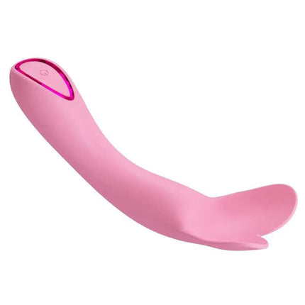 Dj Cock Vibrator G-Spot pink silicone vibrator with shimmering decorative ring, designed for precise G-spot stimulation.