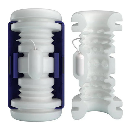 Dj Lady Men Masturbator with Vibration showing textured interior and removable vibration capsule, designed for intimate stimulation.