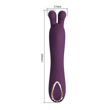 Dj Rabbit G-Spot Vibrator with decorative ring, ergonomic silicone design for precise stimulation, shown with measurements