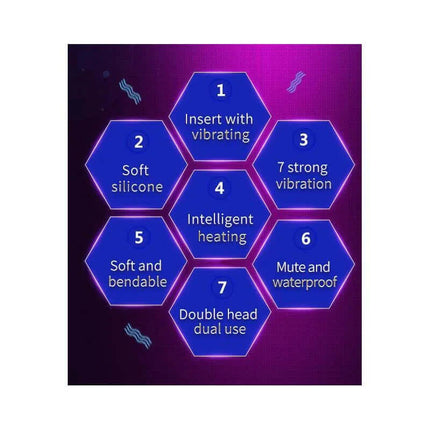 Features of Doble-Head Massager Yoni Dark Lilac including vibration, silicone, heating, waterproof design