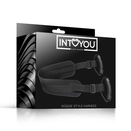 Doggie Style Harness Vegan Leather in sleek black packaging from Intoyou Black Shadow line for bold, consensual play.