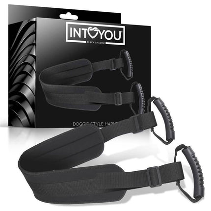 Doggie Style Harness Vegan Leather by Intoyou Black Shadow with adjustable straps and handles for confident, consensual play.