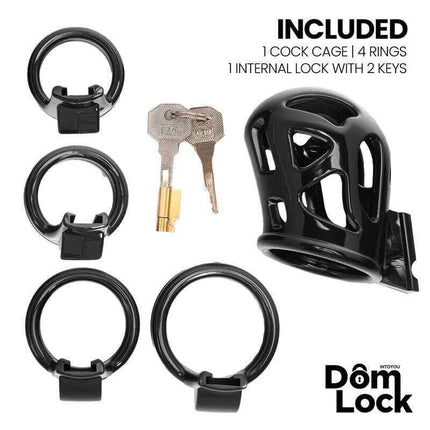 Domlock Chastity Cage: Internal Lock Mastery with 4 rings and 2 keys included in the package.