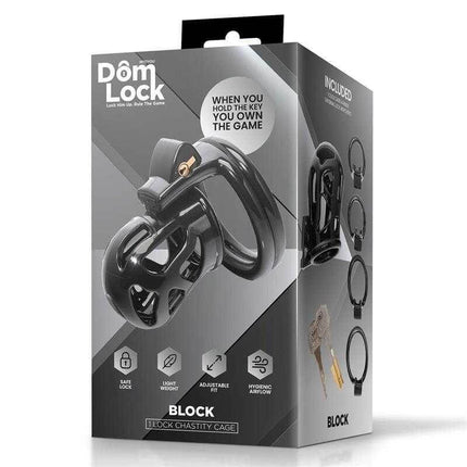 Domlock Chastity Cage: Internal Lock Mastery packaging showcasing the secure, adjustable black cage and included metal keys.