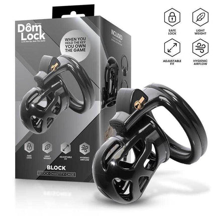 Domlock Chastity Cage: Internal Lock Mastery, black penis cage with secure internal lock for submission, shown with packaging.