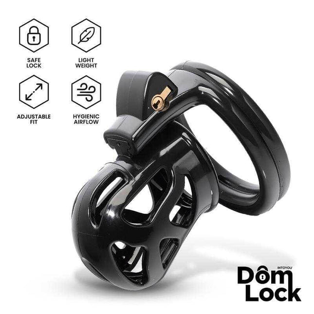 Domlock Chastity Cage: Internal Lock Mastery - black sleek design with hygienic airflow, lightweight, and adjustable fit features.