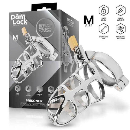 Domlock Chastity Cage Size M for Dominance Play with packaging and features displayed