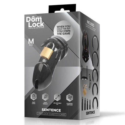 Domlock M Size Chastity Cage for Ultimate Control packaging box with lock and components displayed.