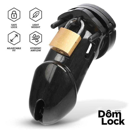 Domlock M Size Chastity Cage for Ultimate Control, featuring a black design with a secure lock, adjustable fit, and hygienic airflow