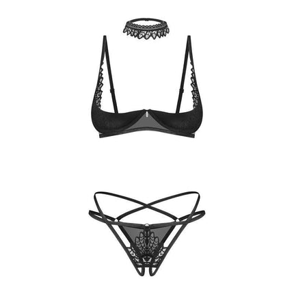 Donarella 3 Pieces Set seductive lingerie with half-bra, crotchless thong, and choker featuring lace details for confident style.