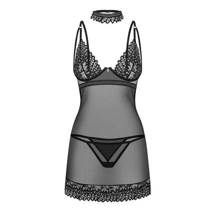 Black lace Donarella Chemise and Thong set with choker, featuring adjustable straps and a flattering silhouette for intimate evenings.