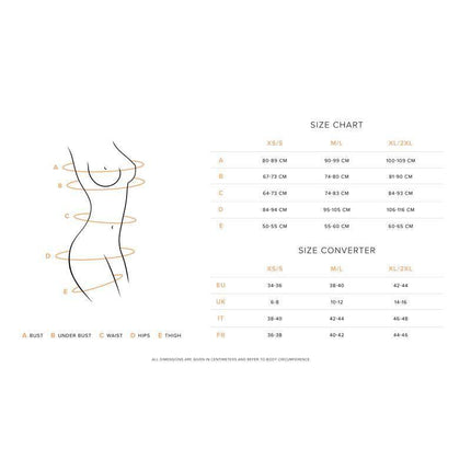 Donarella Crotchless Panties size chart and converter for bust, waist, hips, and thighs in EU, UK, IT, FR sizes.