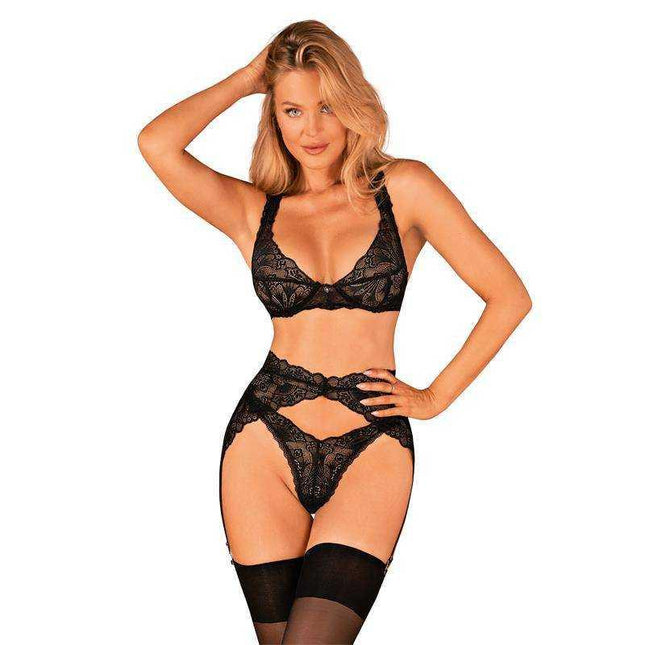 Donna Dream 3 Pieces Set with lace bra, thong, and garter belt highlighting curves and offering a feminine allure.