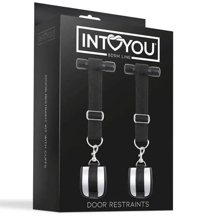 Intoyou BDSM Line Door Restraint Kit with Adjustable and Removable Cuffs packaging featuring neoprene straps and metal rings