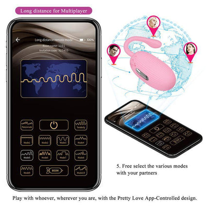 Doreen Electro Shock Vibrating Egg with App Control illustration showing app interface and pink egg vibrator for remote use.
