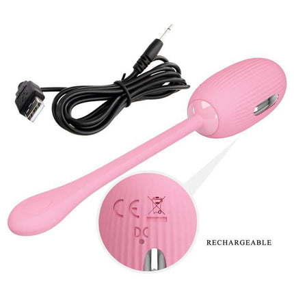 Doreen Electro Shock Vibrating Egg with App Control in pink, showing flexible cord and USB charging cable.