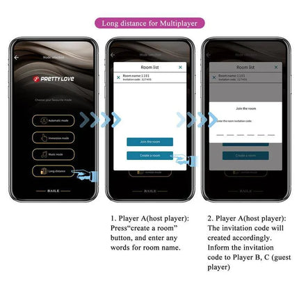 App interface on three smartphones for Doreen Electro Shock Vibrating Egg with App Control, showing multiplayer room creation steps.