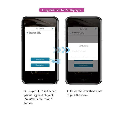 Long distance multiplayer app room creation and joining instructions on smartphone screen.