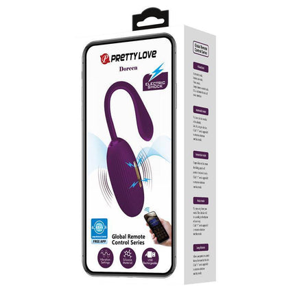 Packaging of the Doreen Vibrating Egg with Electro Shock and App in purple, featuring app control and premium silicone material.