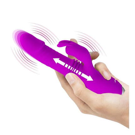 Dorothy Thrusting Vibrator USB Purple demonstrating dual stimulation with internal thrusting action and clitoral stimulator.