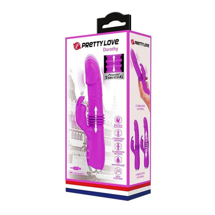 Dorothy Thrusting Vibrator USB Purple in packaging, showcasing medical-grade silicone and dual stimulation features for beginners