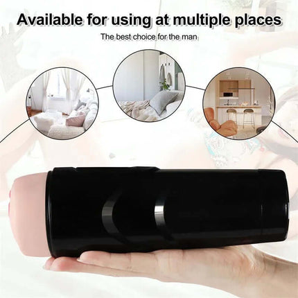 Dot Vagina Masturbator with Vibration handheld, showcasing black design and lifelike opening, illustrating portability for pleasure in various settings.