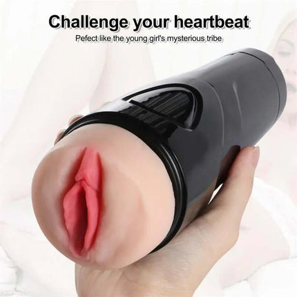 Dot Vagina Masturbator with Vibration handheld showing lifelike opening and textured canal