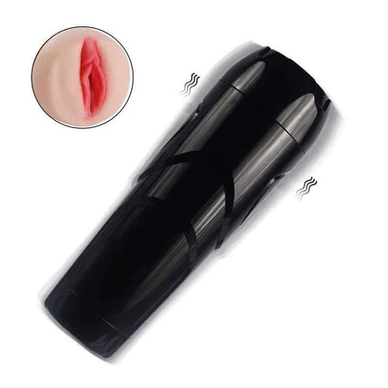 Dot Vagina Masturbator with Vibration featuring a lifelike vagina-shaped opening and sleek black design, shown with vibration indicators.