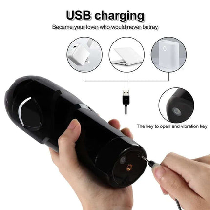 USB charging Dot Vagina Masturbator with Vibration showing charging cable and features