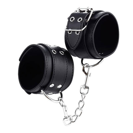Double Buckle Adjustable handcuffs with two-point buckle design and secure fit, from Latetobed’s BDSM Line, black leather cuffs
