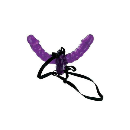 Double Delight Strap-on 15 cm Purple dual-ended toy with black straps resting on white background.