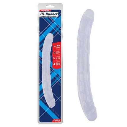 Double Dildo Hi-Rubber 12.8 Clear in packaging with dual-ended design for versatile use.