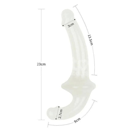 Double dildo Lumino Play Blue Light 10.5 with glow-in-the-dark design and size measurements displayed on a white background.