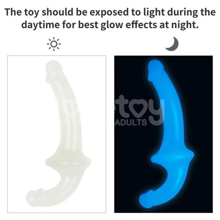 Double dildo Lumino Play Blue Light 10.5 glowing effect demonstration in dark and light settings for optimal use.