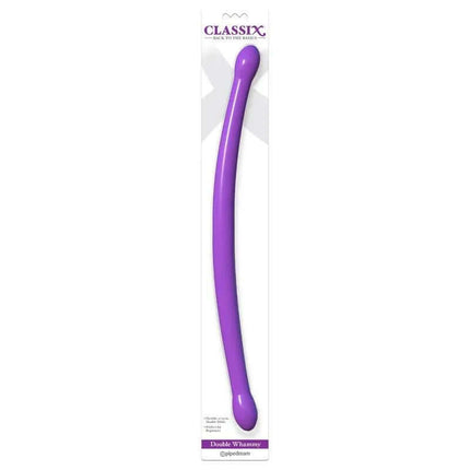 Double Dildo Whammy Purple displayed in packaging, flexible dual-ended design for shared pleasure
