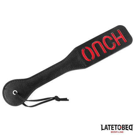 Double Layers Paddle OUCH 32 cm by Latetobed, black PU leather paddle with red OUCH text for impact play.